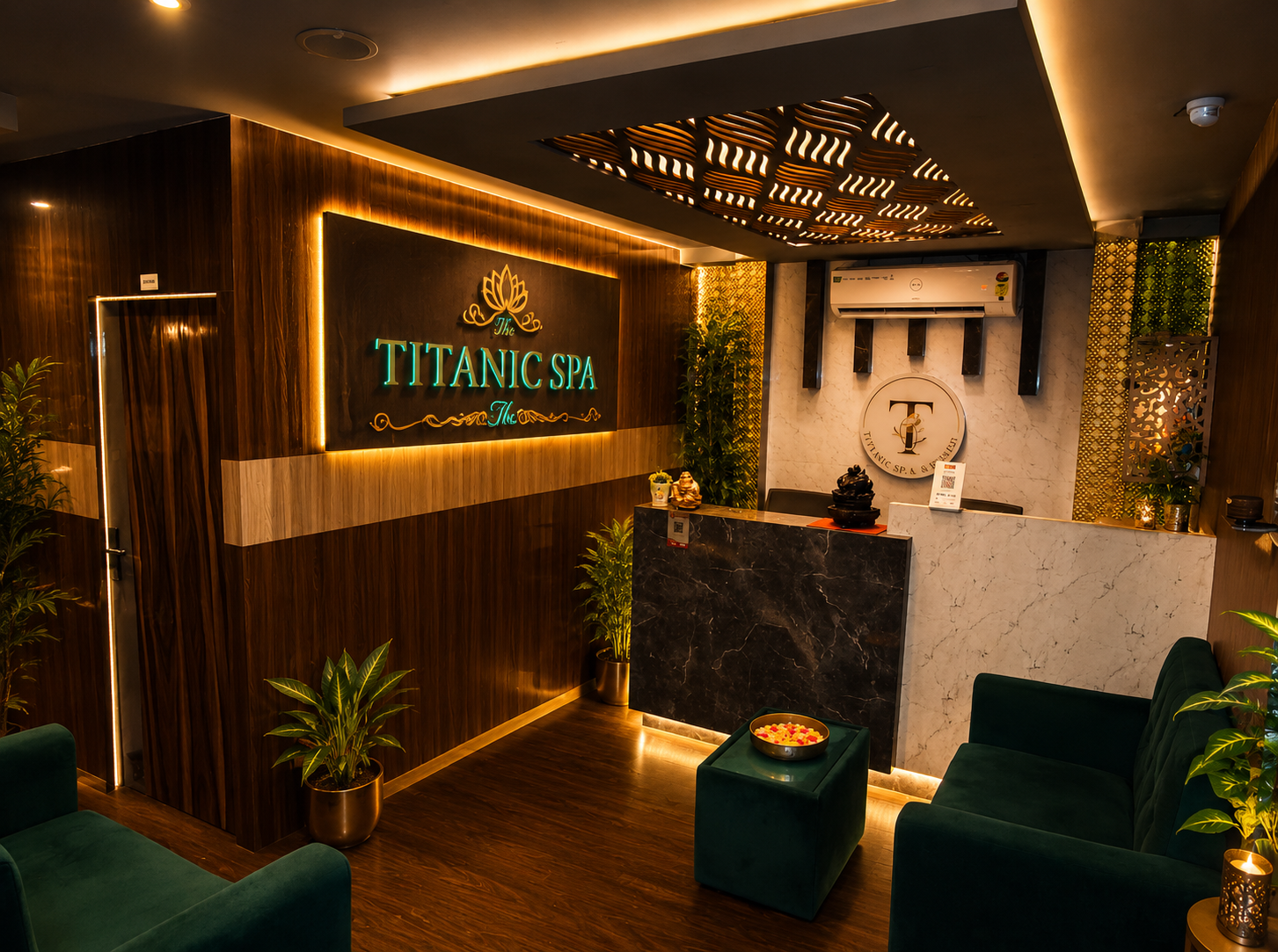 The Titanic Spa reception in Kolkata — backlit signage, wood paneling and velvet lounge